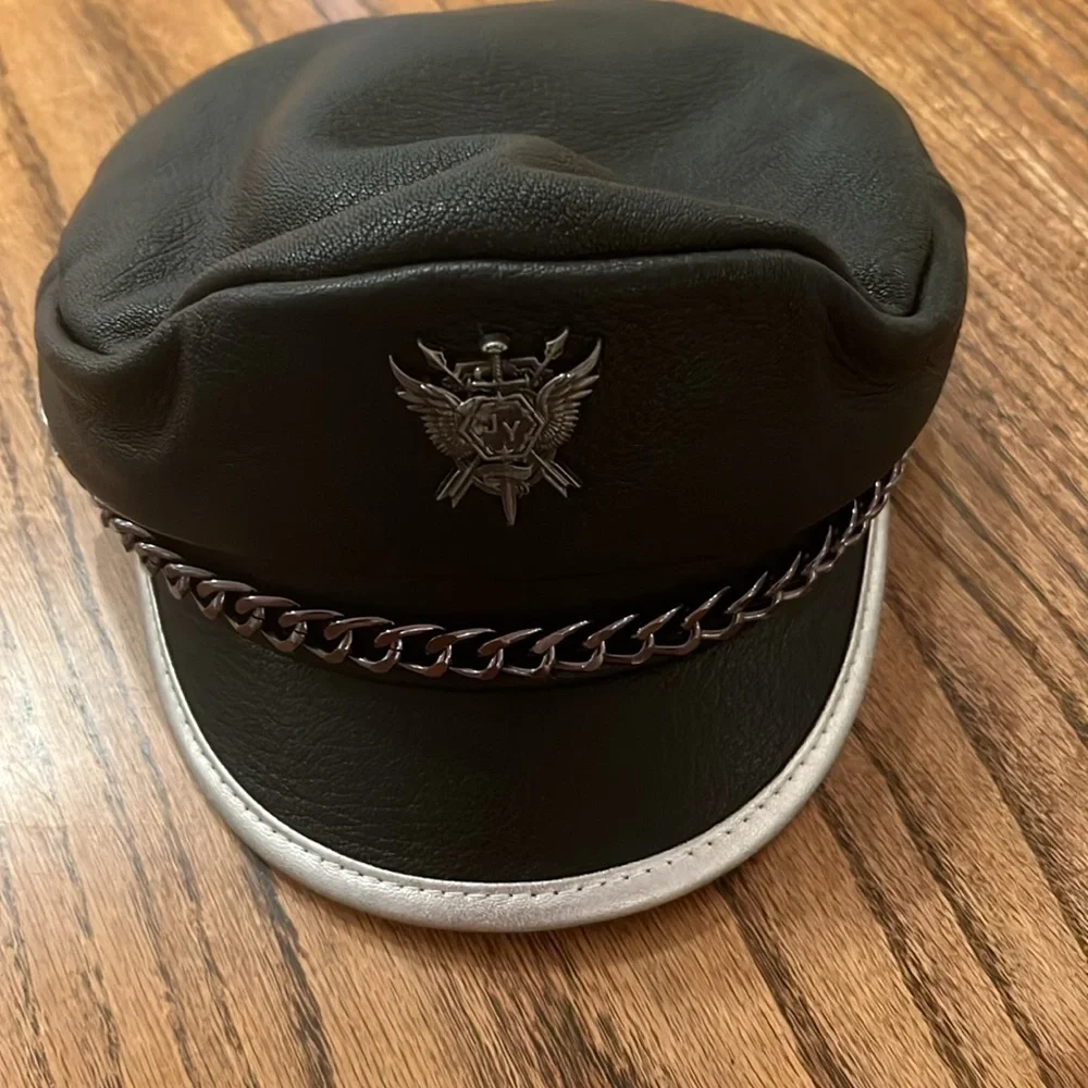 Boutique Faux Leather Hat In Black With Silver Trim Metal Chain And Badge O/S